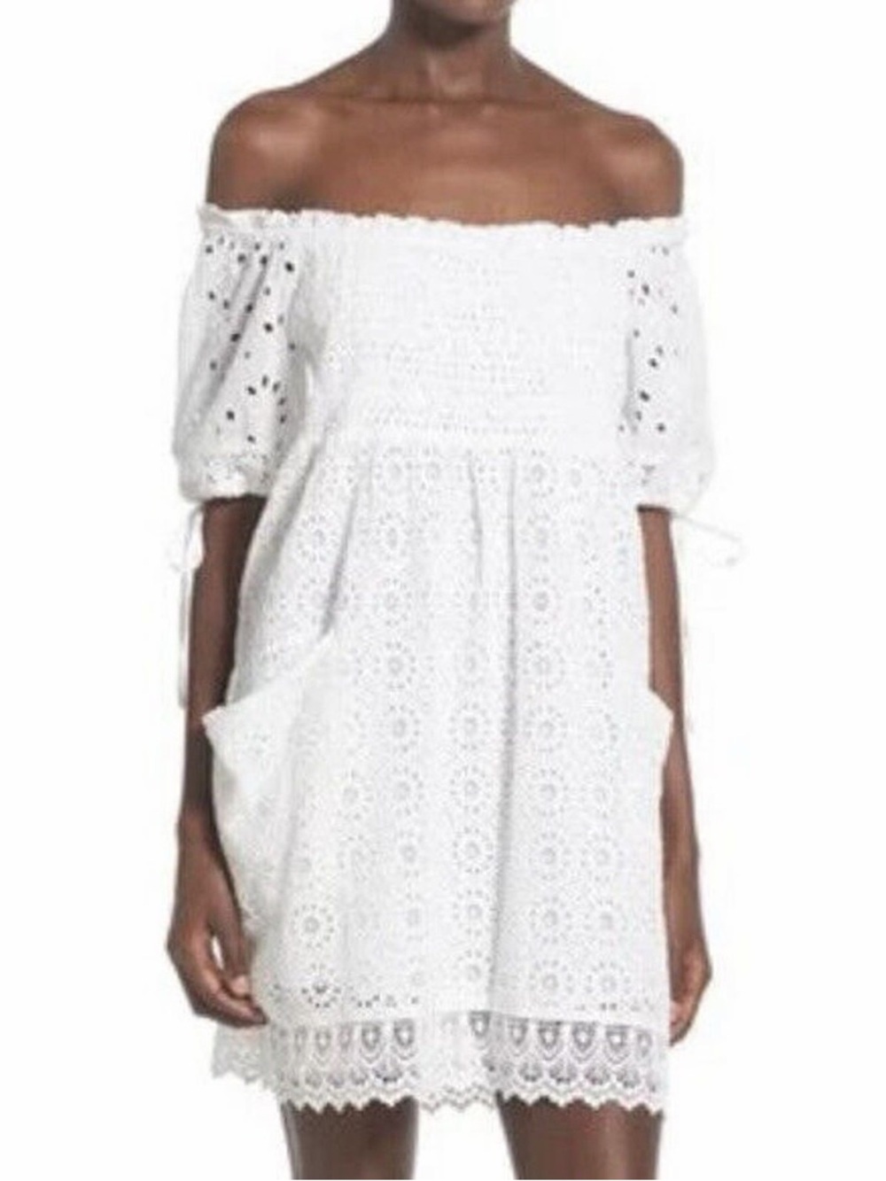 TULAROSA Dress white eyelet mocked Revolve ‘QUINN’ OFF THE SHOULDER LACE Milk